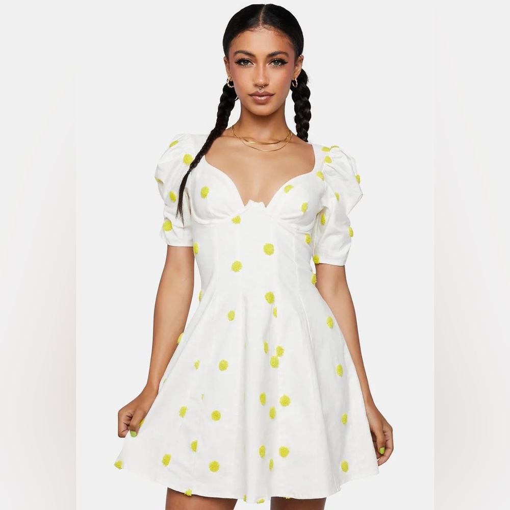 For Love and Lemons Claude White Yellow Polka Dot Mini Dress- size L